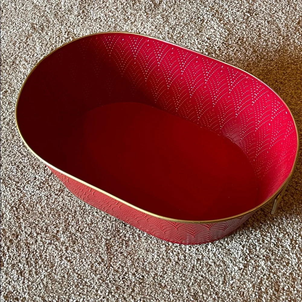 Decorative Red Metal Storage Tub with Gold Pattern